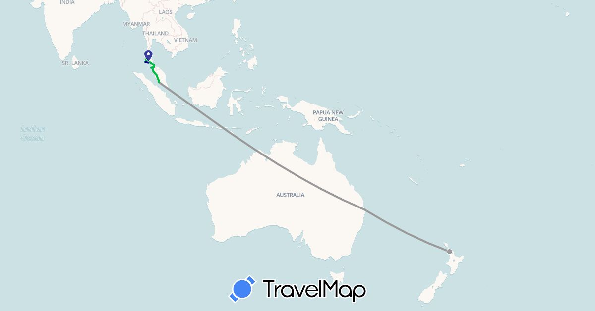 TravelMap itinerary: driving, bus, plane, boat in Australia, Malaysia, New Zealand, Thailand (Asia, Oceania)
